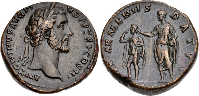 Антонин коронясва владетеля на Армения – изображение върху сестерция, ок. 141 г.