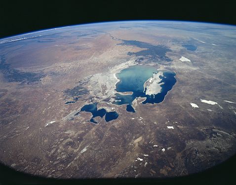Аралско море от космоса, северната му част е долу. Снимката е направена от НАСА, август 1977 г.