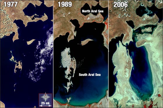 Аралско море, сателитни снимки, от 1977 до 2006 г.