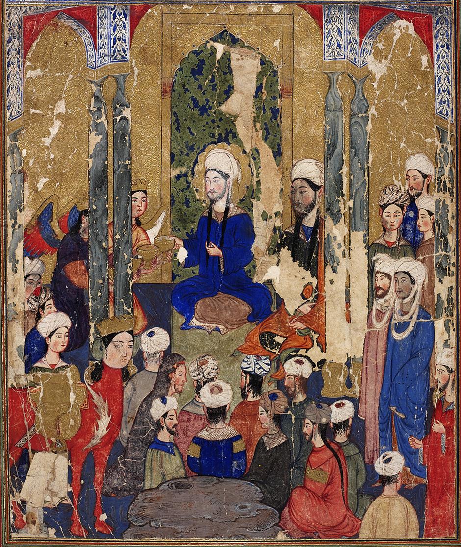 Пророкът Мохамед седи с пророци на Авраамическите религии в Ерусалим, анонимен автор, Ми’райнама (Книга за Възнесението), Табриз, около 1317-1330 г., Библиотека на двореца Топкапъ.
