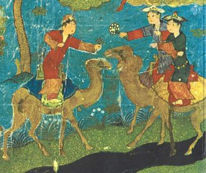 Подмладеният Мохамед влиза в рая, където е посрещнат от Гурия (персийски ръкопис, XV век)