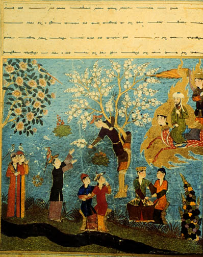 Пророкът Мохамед прелита над хури, събиращи цветя в Рая, персийска илюстрация от XV век.