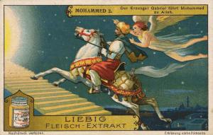 Германска реклама от 1928 г. за екстракт от месо, изобразяваща ангела Габриел, показващ пътя на пророка Мохамед на летящия му кон към Аллах.