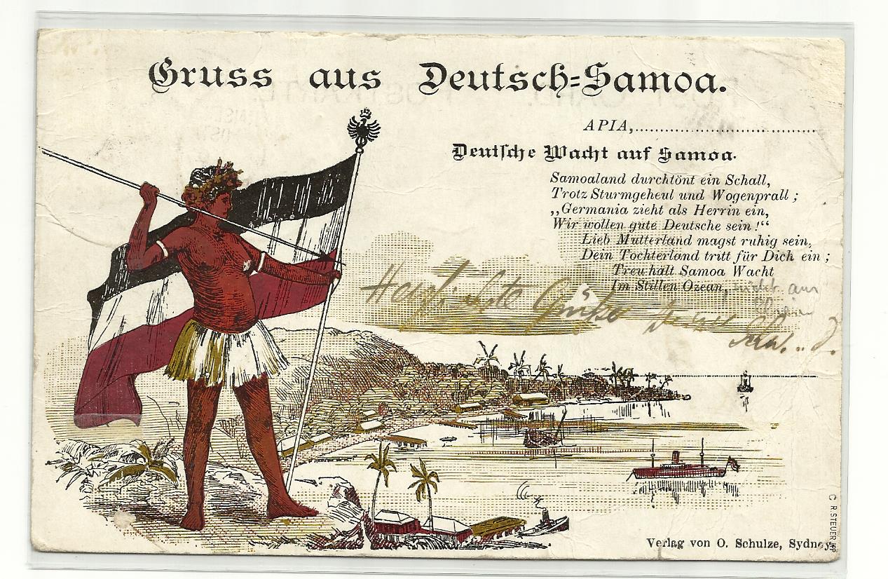 Пощенска картичка от Германската империя с текст "Поздрави от Германска Самоа".
