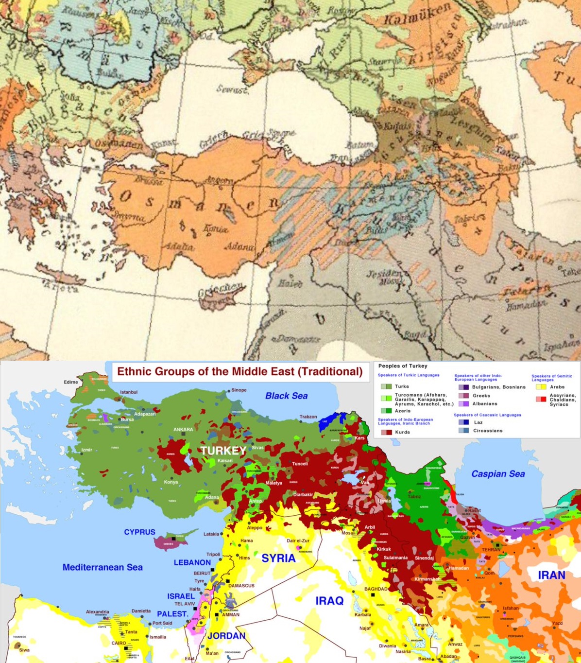 Горе - германска карта на Турция от 1914 г. Арменците са в синьо. Долу - карта на етническите групи в близкия Изток към 2016 г. Кюрдите са в червено.