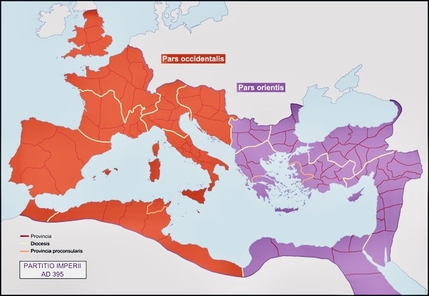 Pars occidentalis и pars orientalis - двете части на Римската империя при нейното разделяне през 395 г.