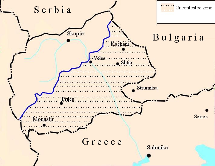 Империя - безспорната и спорната български зони в Македония по българо-сръбския договор от 29 февруари 1912 г.