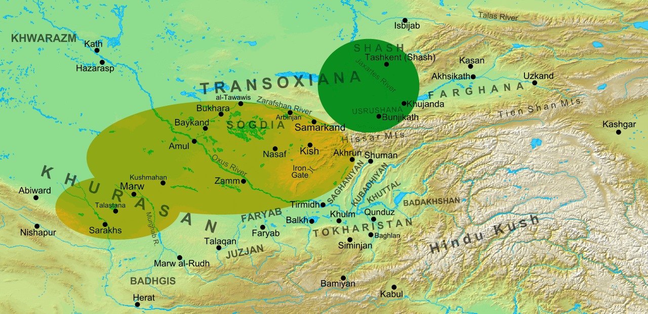 С жълто – границите на царството на презвитер Йоан (Чинумачин). Със зелено – районът, посочен от Михаил Сирийски като изходна точна за преселението към Европа на 30 000 "скити" (българи) през зимата на 586/587 г.