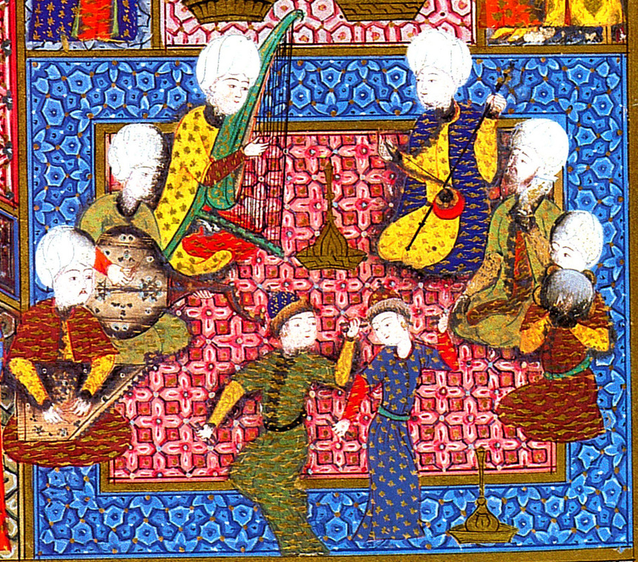 Танцьори кючекчии и музиканти забавляват присъстващите на церемонията по обрязването (сюннет) на Селим, Баязид и Мехмед през 1530 г. Миниатюрата е от книгата Сюлейманнаме - книга за възхода на сюлтан Сюлейман Великолепни. Кючекчиите в тази илюстрация акомпанират на музиката с дървени кастанети в ръце.
