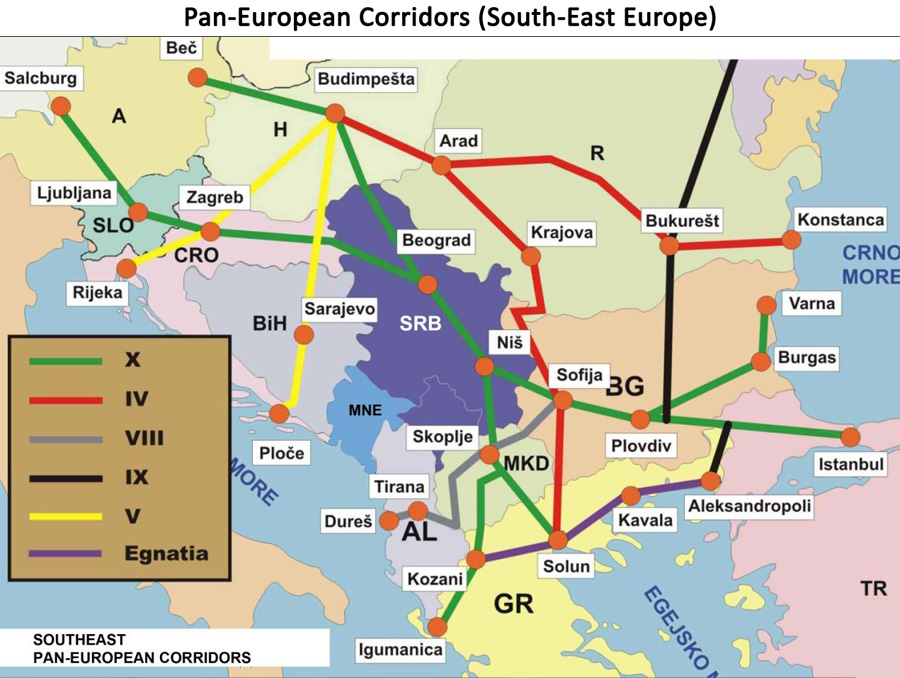 Карта на паневропейските коридори в югоизточна Европа.