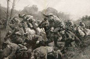Българската кавалерия преследва разбитите румънски войски в Добруджа. Септември 1916г. Художник - Курт-Шулц Щеглиц.