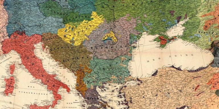 Етнографска карта на Европа, поглед върху Балканите, Картографски институт Кимърли и Фрей, Берн, 1918 г.