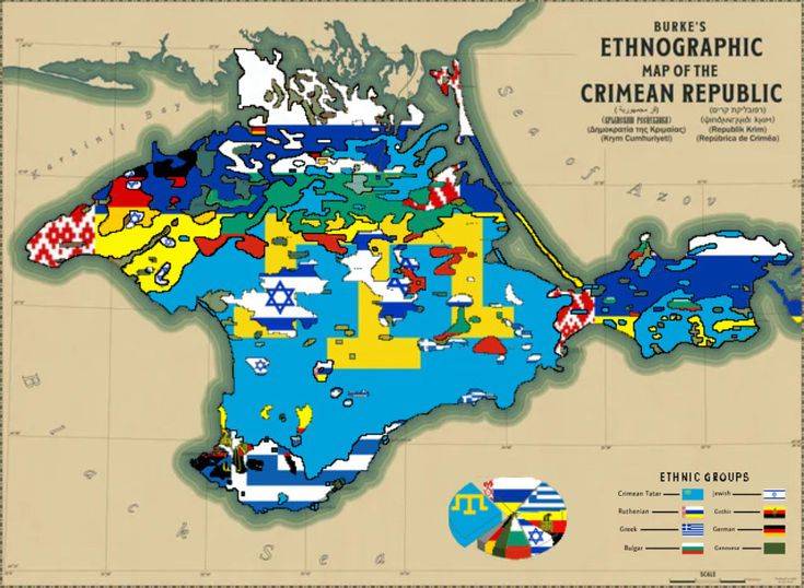 Етнографска карта на полуостров Крим към 1929 г., преди чистките, гладомора, преселенията и масовите убийства.