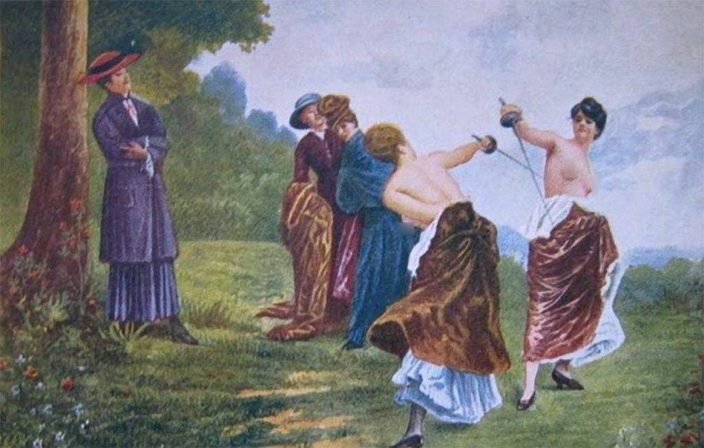 Британска картичка, показваща дуела.