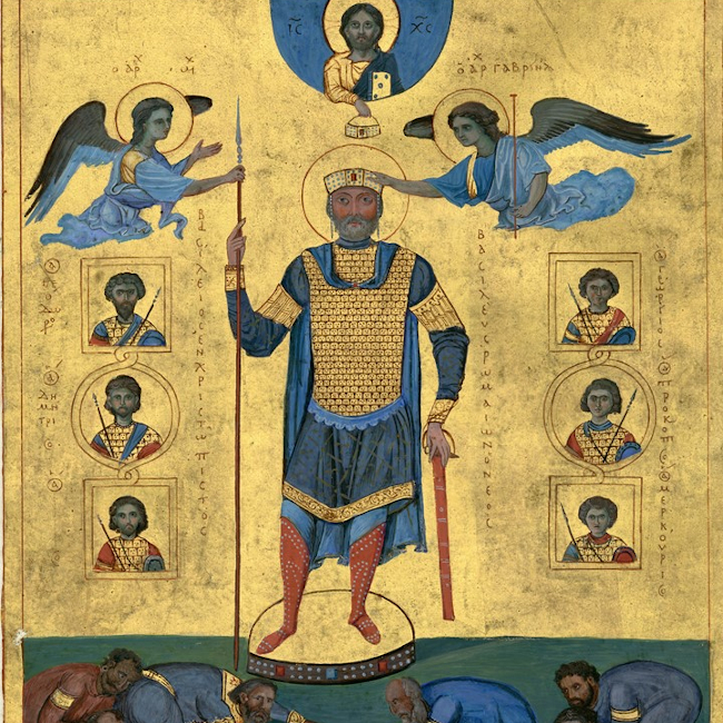 Изображение на император Василий II Българоубиец в триумфални дрехи. Ангели му слагат имперската корона, подчертавайки произхода на властта му.
