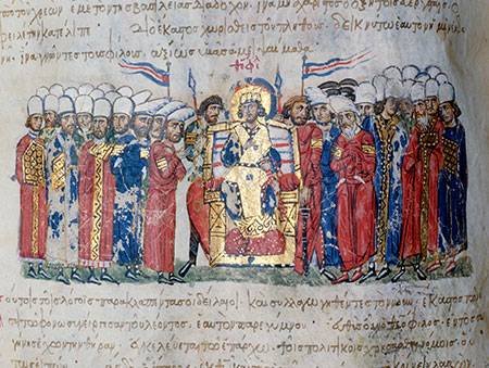 Император Теофил (813 - 842 г.) отправя прокламация, миниатюра в хрониката на Скилица, XI в.