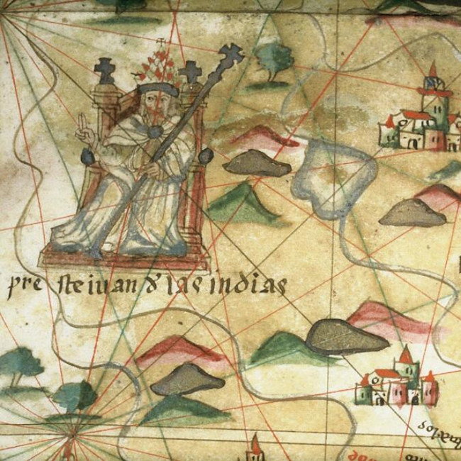 На илюстрацията: „Презвитер Йоан от Индиите“, изображение върху испанска морска карта от XVI век. Вижте по-малко