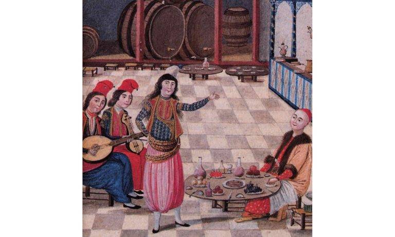 Еничарите са билис няколко обществени роли. Изпълнение на танца кючек, илюстрация от Хубаннаме - Книгата на Красивите. Илюстрация от XVIII век от турския поет Фазил бил Тахир Ендеруни.