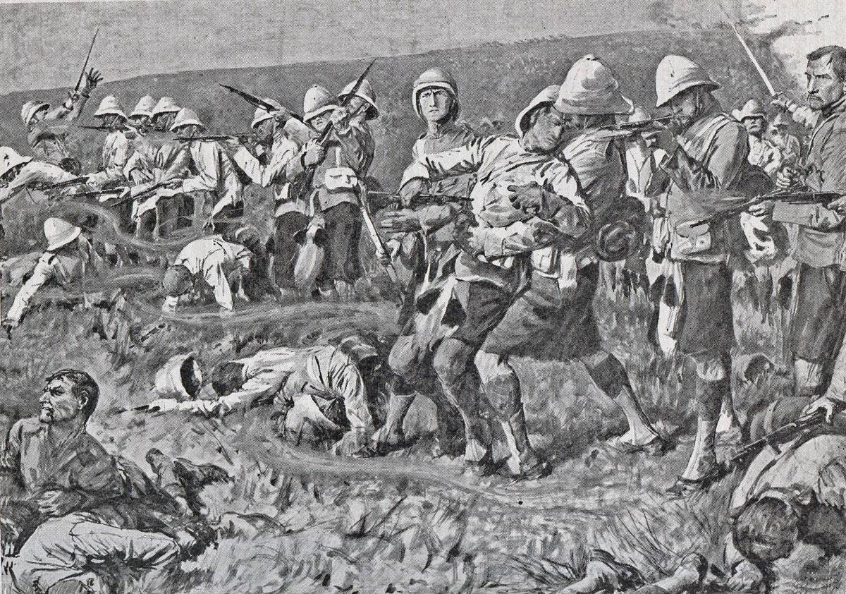 92-ри планински полк на върха на хълма в битката при хълма Маджуба на 27 февруари 1881 г. по време на Първата бурска война. Илюстрация: britishbattles.com