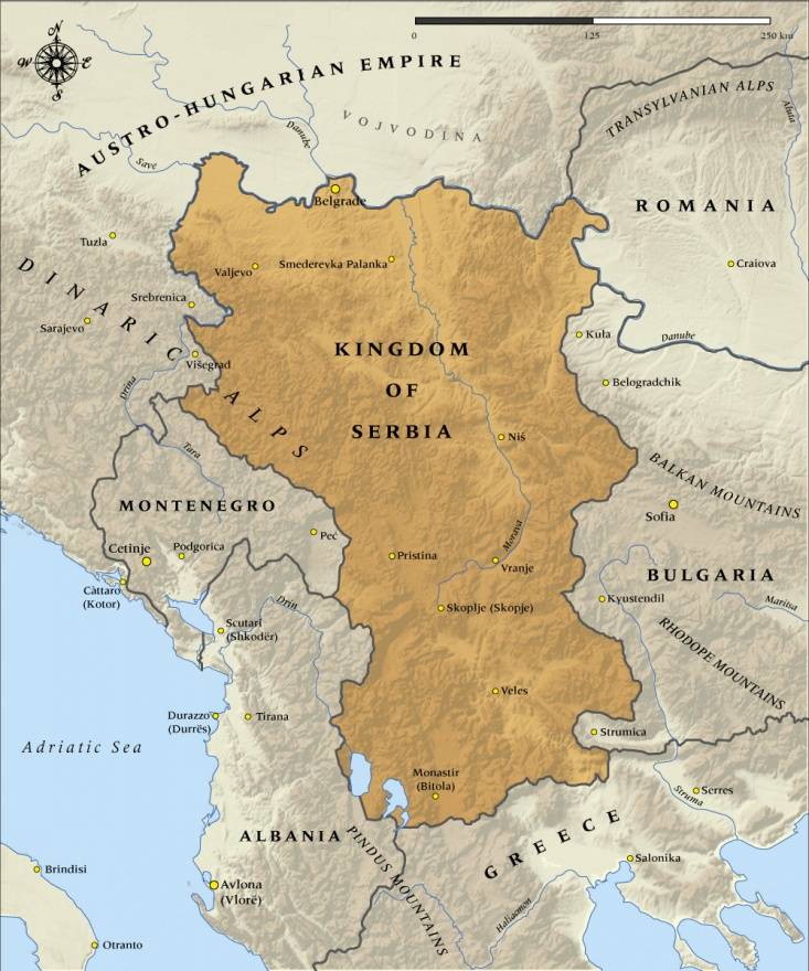 Границите на Кралство Сърбия през 1914 г., окупирало и голяма част от Македония.