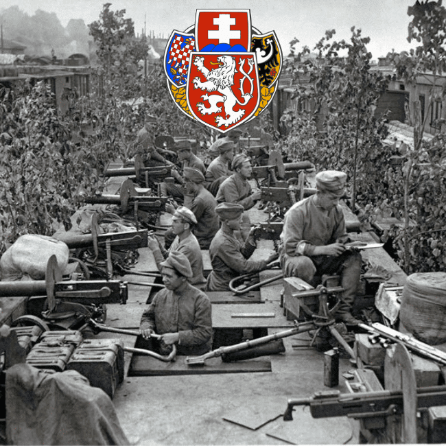Войници от Чехословашкия корпус на влак до Уфа и логото на Чехословашкия корпус, юли 1918 г.
