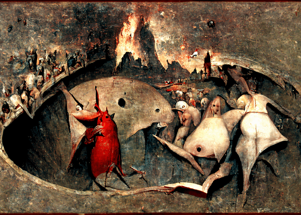 Дантевият ад в стила на Йеронимус Бош, създаден от ИИ.