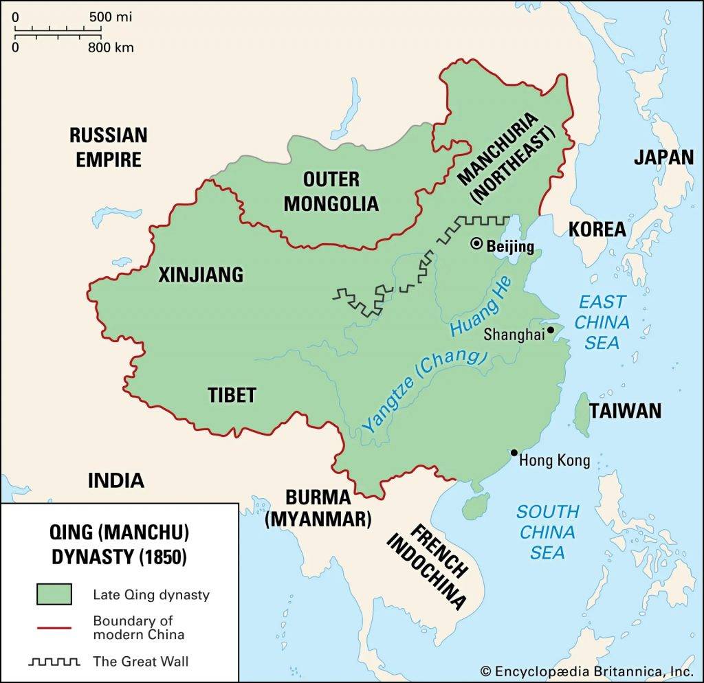 Карта на Китай при династията Цин (на китайски: 清朝; на пинин: Qīng Cháo, на манджурски: дайцин гурун), наричана също Манджурска династия, е последната императорска династия на Китай. Изображение: Encyclopædia Britannica