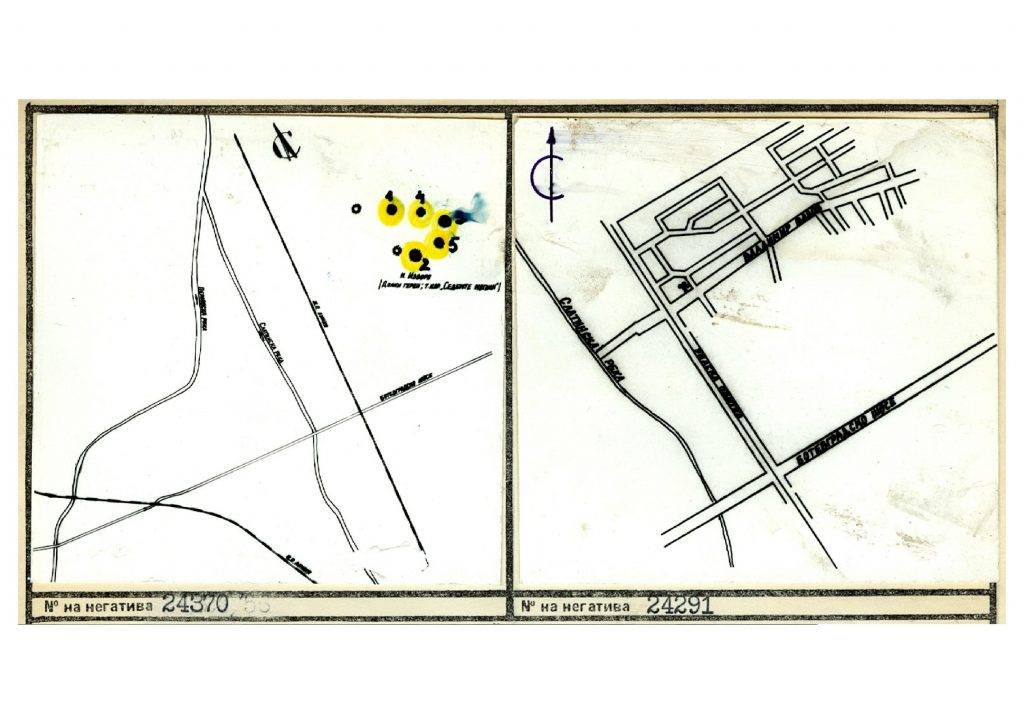 Фиг. 1. Схема на разположението на могилния некропол в ж.к. „В. Левски – Г“ според идентификационния картон на НИПК (дн. НИНКН) (по Протокол 2019: 1, Обр. 1)
