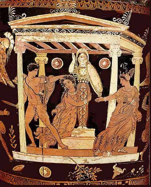 Аякс измъква Касандра от статуята на богинята, при която тя е намерила убежище. Художник Ликург, керамика с червени фигури, ок. 370-360 г. пр. Хр.