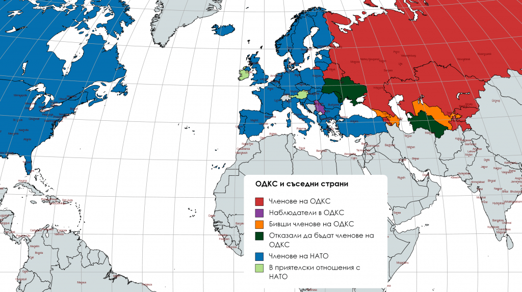 Карта, показваща страните-членки на ОДКС, наблюдателите и страните-членове на НАТО към септември 2022 г.. Натиснете за пълен размер.