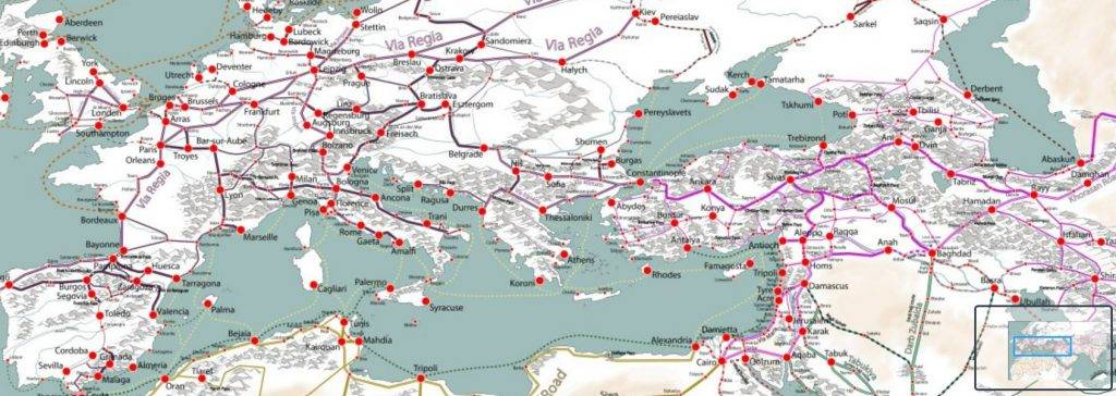 Детайл от картата, показващ търговските пътища в Европа и Мала Азия. Натиснете за увеличаване на картата.