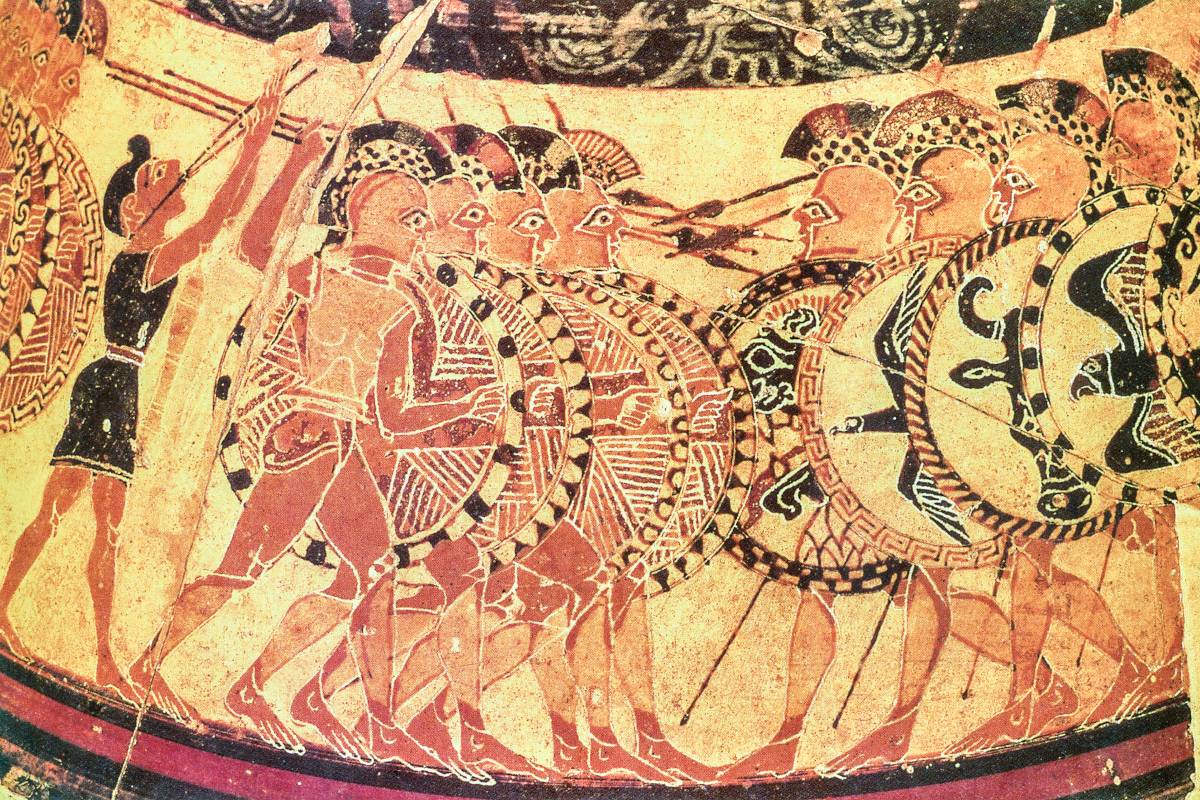 Детайл от вазата от Чиги, изобразяваща хоплити в бой (Национален етруски музей, Рим). Изображение: Wikimedia Commons