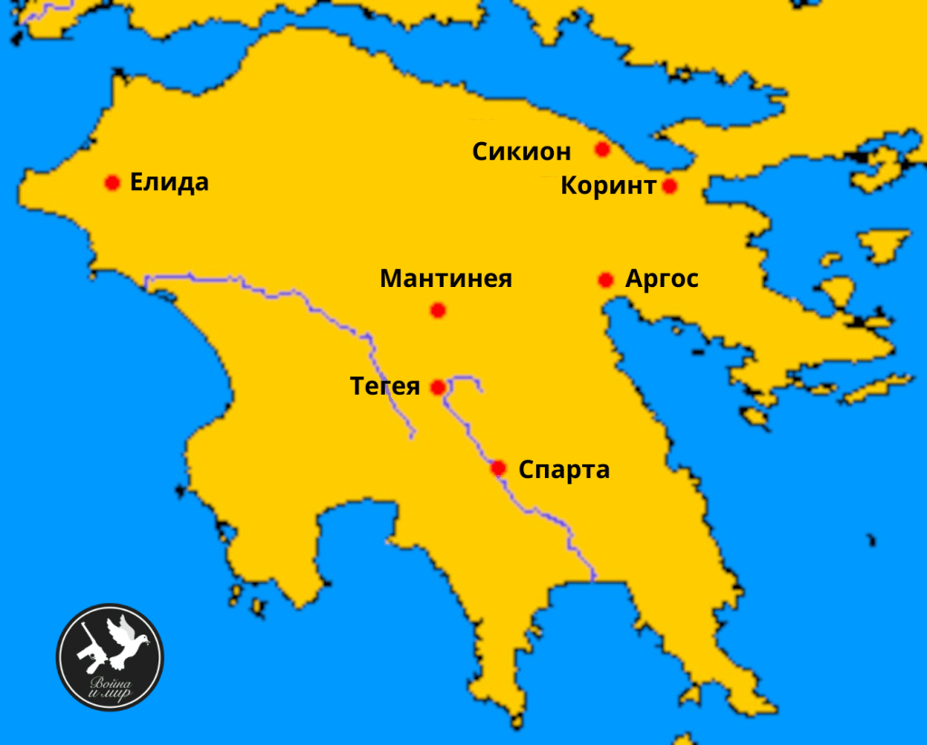 Карта на Пелопонеския остров и основните полиси на него към 419 г. пр. Хр.