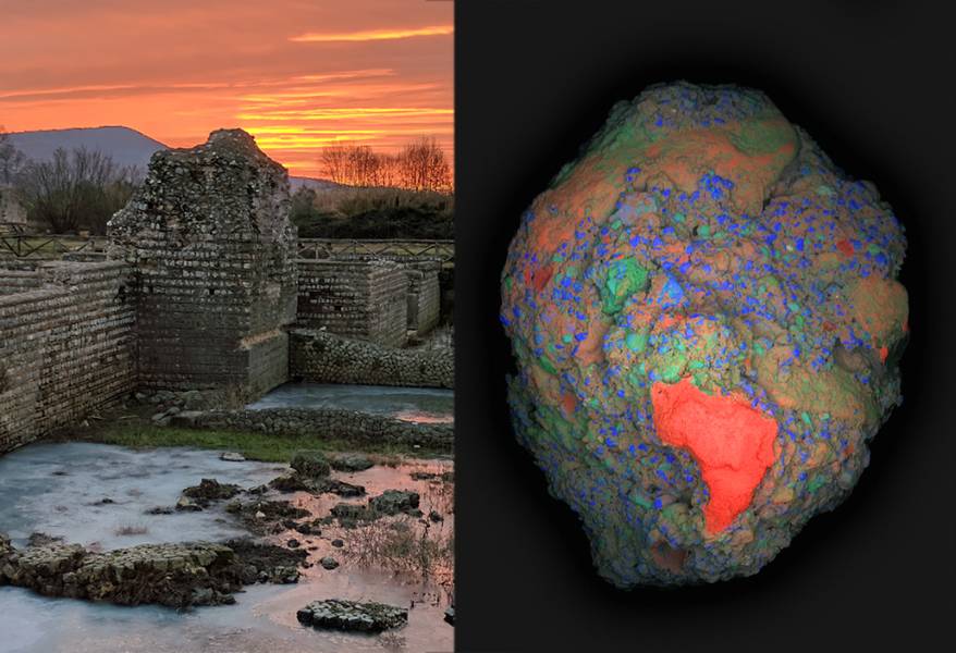 Елементна карта на голяма площ (калций: червено, силиций: синьо, алуминий: зелено) на 2 cm фрагмент от древноримски бетон (вдясно), взет от археологическия обект Привернум, Италия (вляво). В долната част на изображението ясно се вижда богата на калций варова класта (в червено), която е отговорна за уникалните самовъзстановяващи се свойства на този древен материал. Източник на изображението: Изследователите