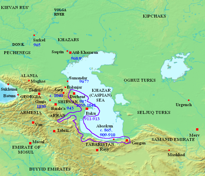 Карта на руските каспийски походи през Х век.