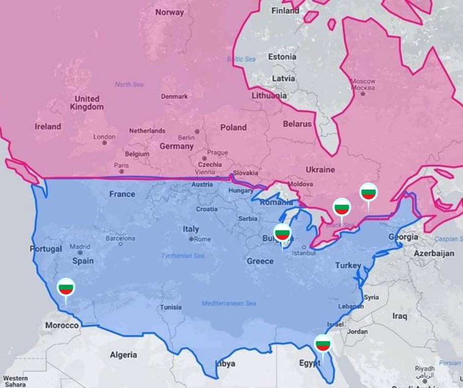 На картата виждате наложени върху Европа Канада и САЩ на същата географска ширина. Дали е съвпадение, че най-голямата българска емигрантска общност в Северна Америка е именно в Чикаго, щата Илинойс? Най-много българи в САЩ има в щата Илинойс - цели 220 000.