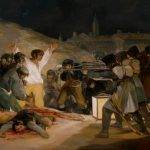 Отляво - Франсиско Гоя (1746-1828) - Екзекуцията на трети май 1808 г. в Мадрид (1814 г.). Маслени бои върху платно, 266 x 345 cм. Музей "Прадо", Мадрид