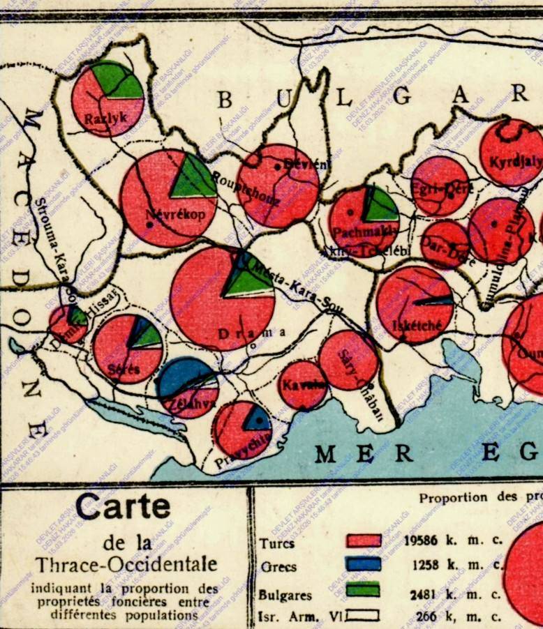 Карта на Западна Тракия, показваща съотношението на земеделските имоти между различните групи от населението - турци, гърци, българи, евреи, арменци и влахи.