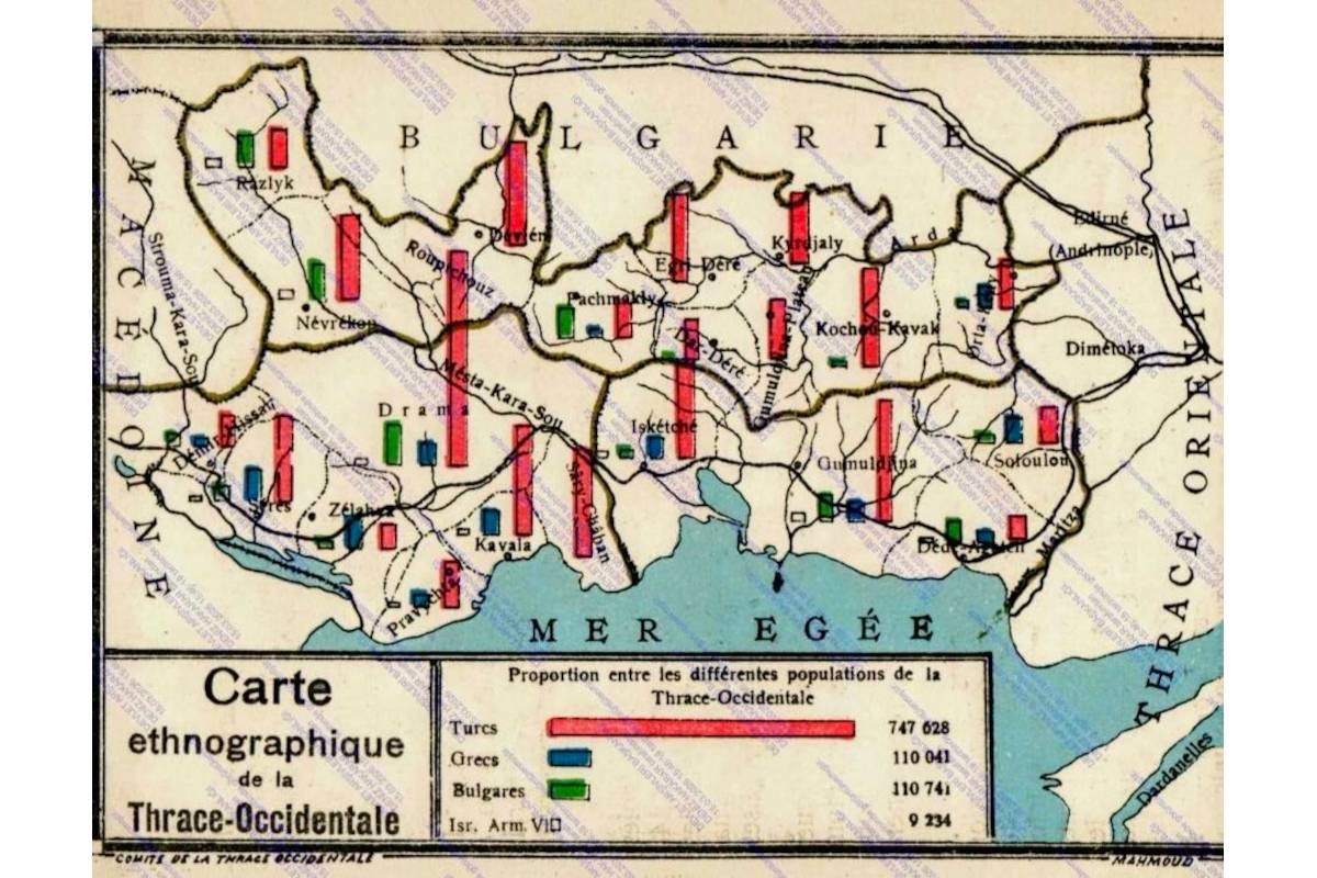 Етнографска карта на Източна Тракия към 1922 г. според османската/турската официална доктрина.