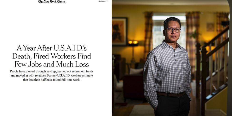 Заглавието на статията на The New York Times "Една година след закриването на USAID уволнените служители не намират работа и понасят големи загуби".