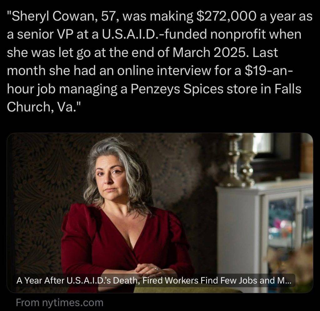 „57-годишната Шерил Коуън печелеше 272 000 долара годишно (22,666 долара месечно) като старши вицепрезидент в неправителствена организация, финансирана от USAID, когато беше уволнена в края на март 2025 г. Миналия месец тя се яви на онлайн интервю за работа с почасова заплата от 19 долара (3040 долара на месец) като управител на магазин на Penzeys Spices във Фолс Чърч, Вирджиния.“