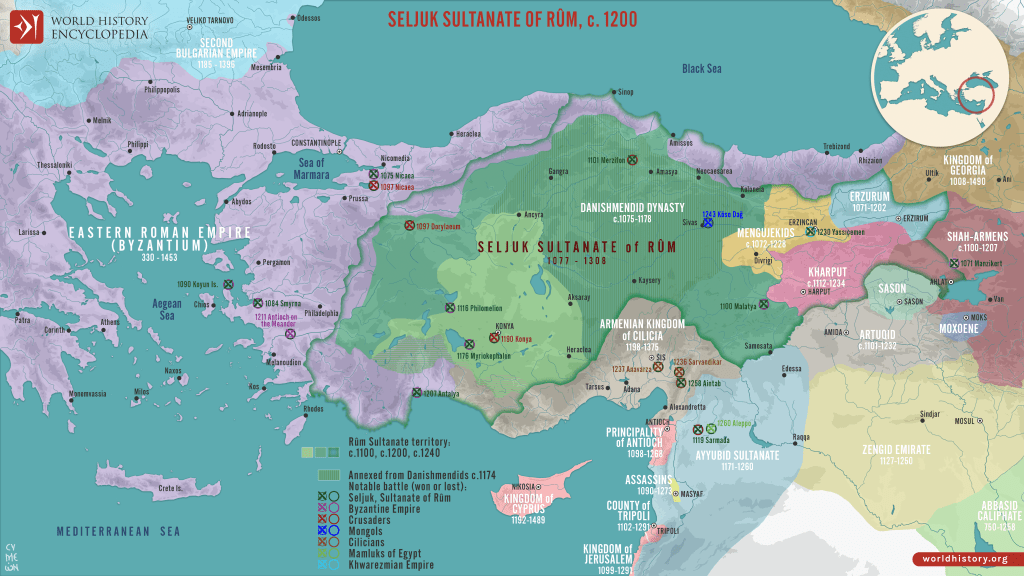 Карта на Селджукския султанат Рум в Мала Азия, ок. 1200 г. Източник: WorldHistory.org