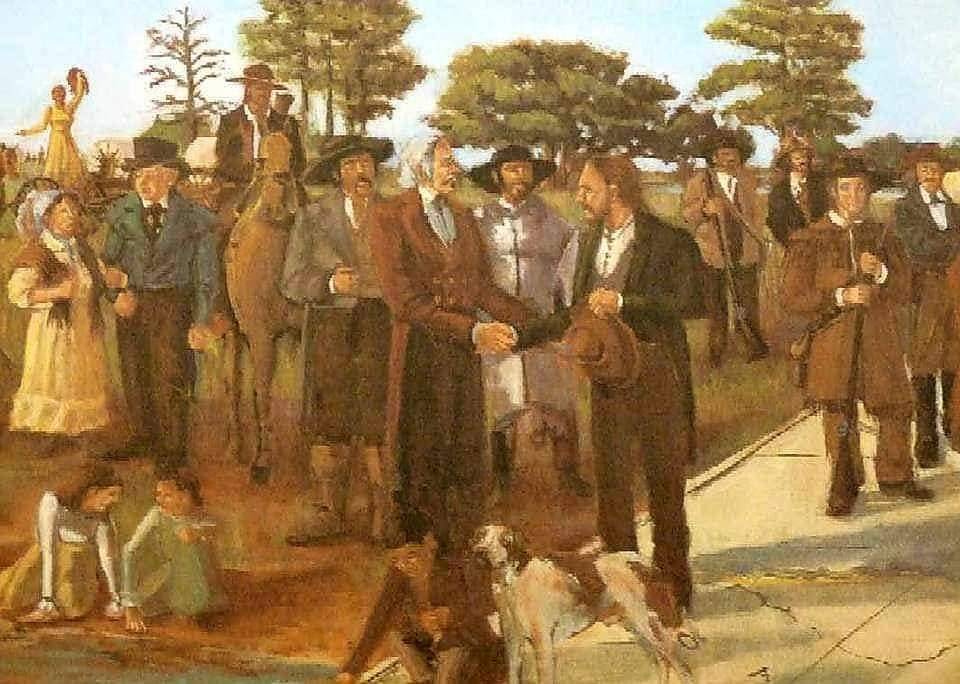 Картината пресъздава историческа сцена, свързана със Стивън Ф. Остин, 300-те американски семейства колонисти и началото на американската колонизация на Тексас.