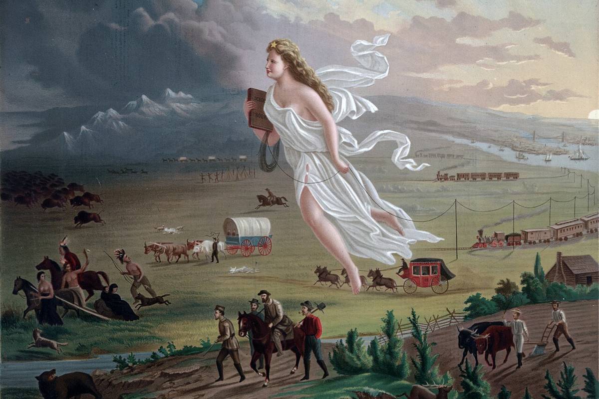 Картината изобразява идеята за „Явното предопределение“ (Manifest Destiny) – убеждението, че Съединените щати са предопределени да се разширят на запад, като Колумбия символично води заселниците, железниците и цивилизацията към новите територии, докато индианците и бизоните се оттеглят. Тя е свързана с колонизацията на Тексас, където масовото заселване на американци, насърчено първоначално от мексиканските закони за колонизацията, впоследствие води до Тексаската революция и присъединяването на Тексас към Съединените щати.