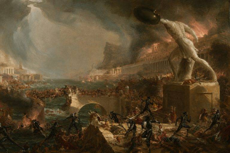Маслената картина „Разрушение“ от 1836 г. на американския художник Томас Коул, с добавени агенти на новата цивилизация на ИИ.