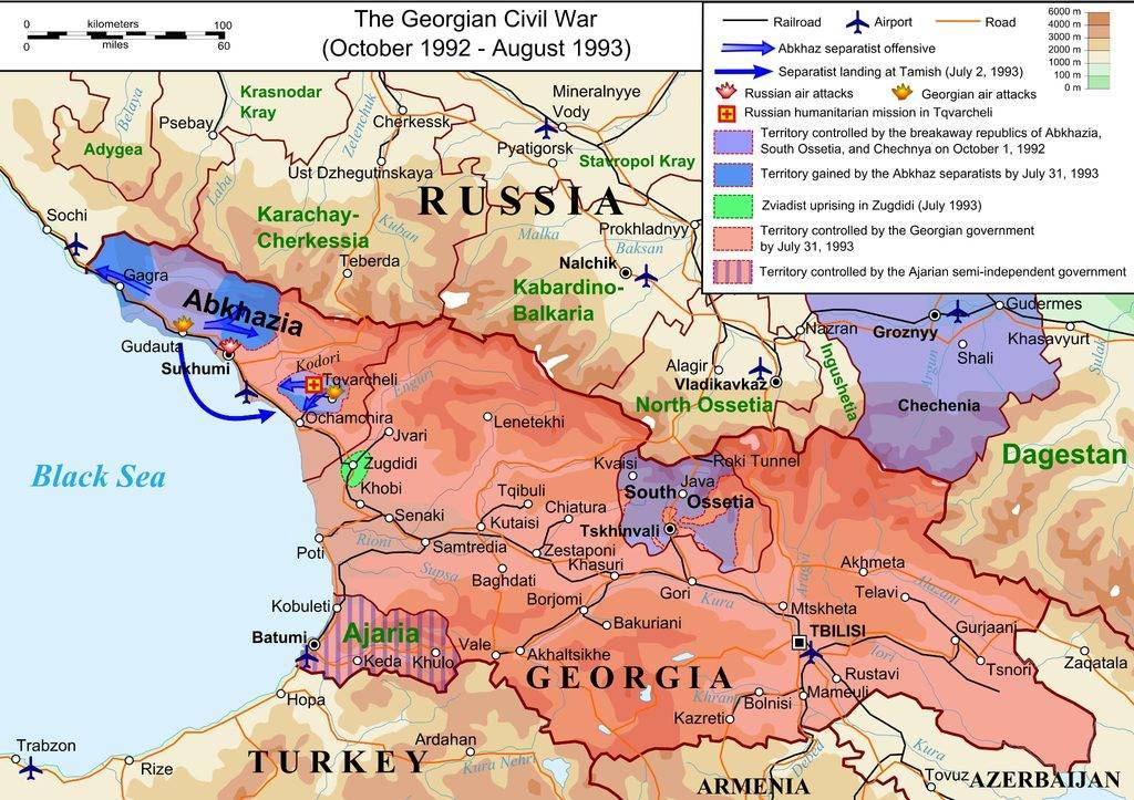 Карта на гражданската война в Грузия от октомври 1992 до август 1993 г.