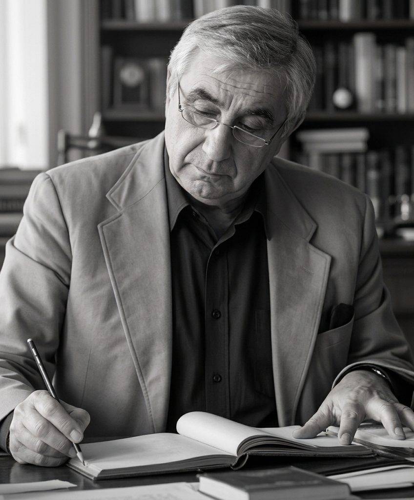 Проф. Никола Димитров, Снимка от сборник Прощална лекция на 09.02.1988 г., Катедра по строителни конструкции и конструктивно проектиране, Университет Щутгарт, обработена, личен архив на автора.